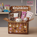 Open box of 'Krunckies' with various treats and a small plush toy on a wooden surface.