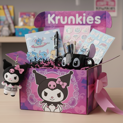 Krunkies product box with stationery items and a character figurine on a table.